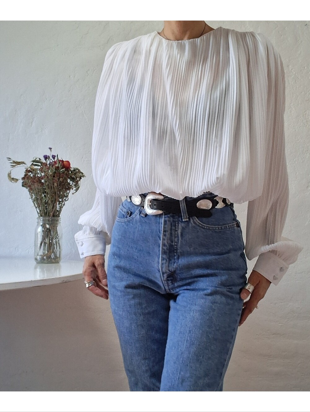Vintage 90s White Plisse Pleated Long Sleeve Blouse Sheer High Neck Victorian
